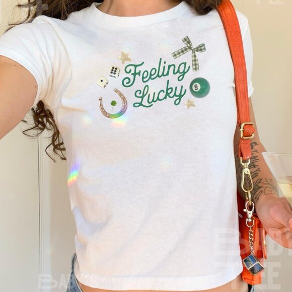 Tops - Lucky 7 Shirt, St Patricks Day Baby Tee, St Patty's Day Shirt, Y2K Baby Tee, Luc